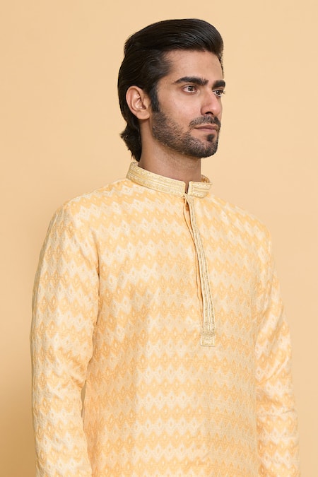 Shop_Arihant Rai Sinha_Yellow Polyester Embroidery Abstract Mandala Pattern Kurta With Churidar _Online_at_Aza_Fashions