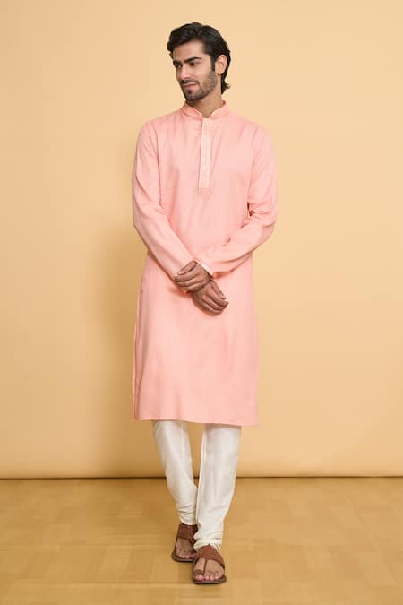 Shop Arihant Rai Sinha Pink Polyester, Cotton Embroidery Placket Thread Woven Kurta And Churidar Set Online at Aza Fashions Shop_Arihant Rai Sinha_Pink Polyester, Cotton Embroidery Placket Thread Woven Kurta And Churidar Set _Online_at_Aza_Fashions
