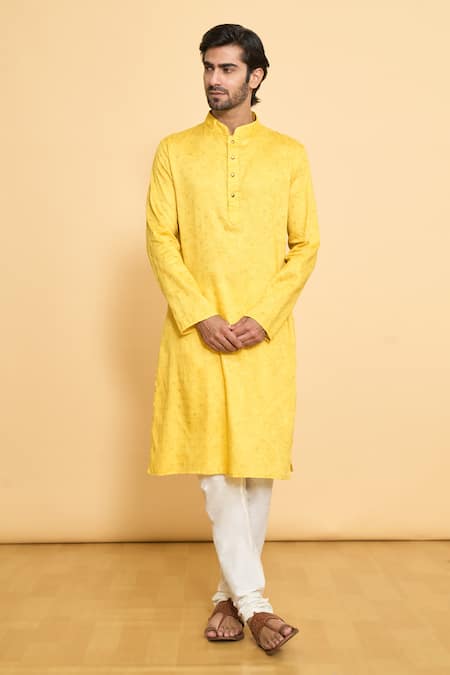 Shop_Arihant Rai Sinha_Yellow Polyester, Cotton Embroidery Geometric Pattern Woven Kurta And Churidar Set _Online_at_Aza_Fashions