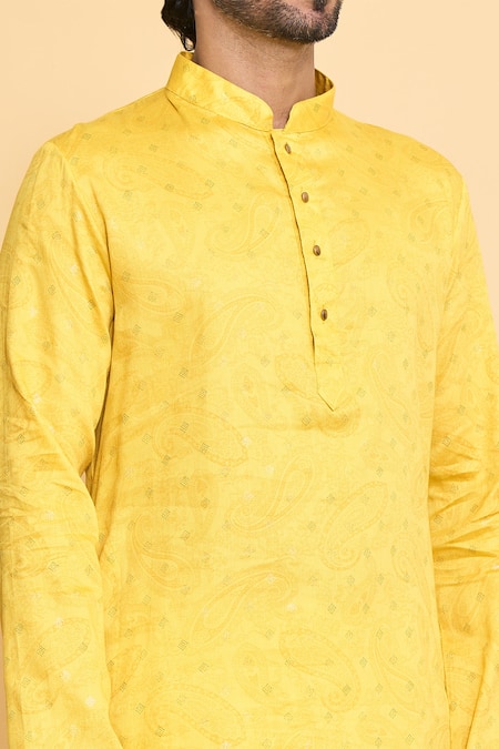 Arihant Rai Sinha_Yellow Polyester, Cotton Embroidery Geometric Pattern Woven Kurta And Churidar Set _at_Aza_Fashions