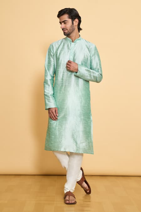 Arihant Rai Sinha Green Kurta Dupion Silk Solid Mandarin Collar And Churidar Set 