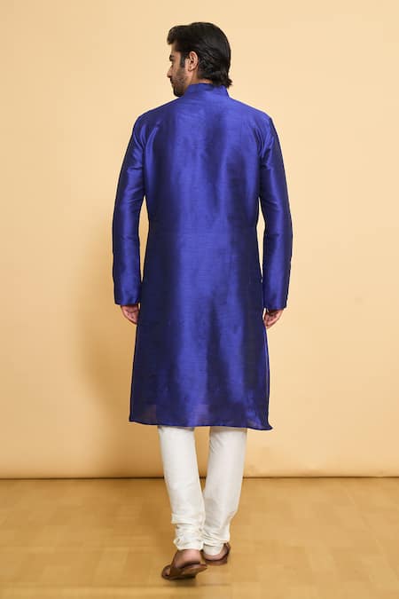Shop_Arihant Rai Sinha_Blue Silk, Polyester Full Sleeve Solid Kurta And Churidar Set _at_Aza_Fashions