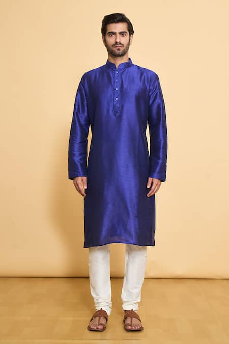 Buy_Arihant Rai Sinha_Blue Silk, Polyester Full Sleeve Solid Kurta And Churidar Set _Online_at_Aza_Fashions