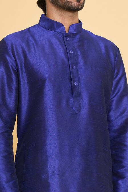 Shop_Arihant Rai Sinha_Blue Silk, Polyester Full Sleeve Solid Kurta And Churidar Set _Online_at_Aza_Fashions