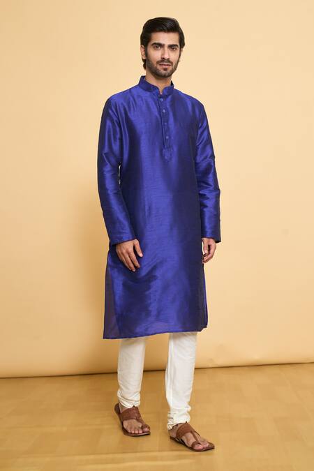 Arihant Rai Sinha_Blue Silk, Polyester Full Sleeve Solid Kurta And Churidar Set _at_Aza_Fashions