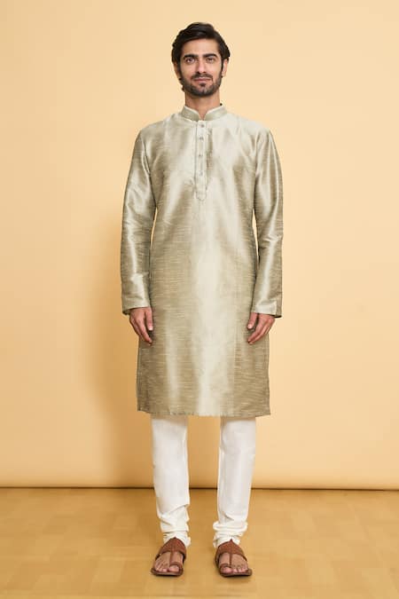 Buy_Arihant Rai Sinha_Grey Silk, Polyester Mandarin Collar Solid Kurta And Churidar Set _Online_at_Aza_Fashions