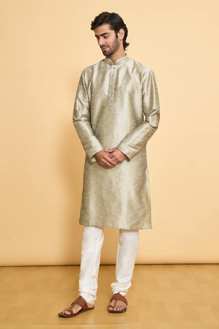 Shop_Arihant Rai Sinha_Grey Silk, Polyester Mandarin Collar Solid Kurta And Churidar Set _Online_at_Aza_Fashions