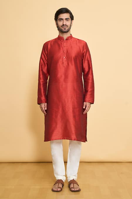 Buy_Arihant Rai Sinha_Red Silk, Polyester Plain Full Sleeve Kurta And Churidar Set _Online_at_Aza_Fashions