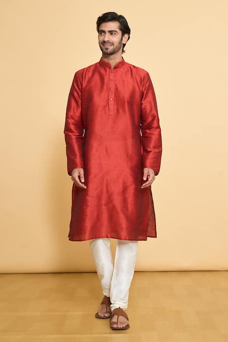 Shop_Arihant Rai Sinha_Red Silk, Polyester Plain Full Sleeve Kurta And Churidar Set _Online_at_Aza_Fashions