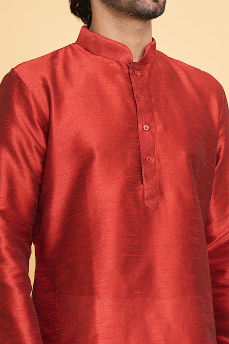 Arihant Rai Sinha_Red Silk, Polyester Plain Full Sleeve Kurta And Churidar Set _at_Aza_Fashions