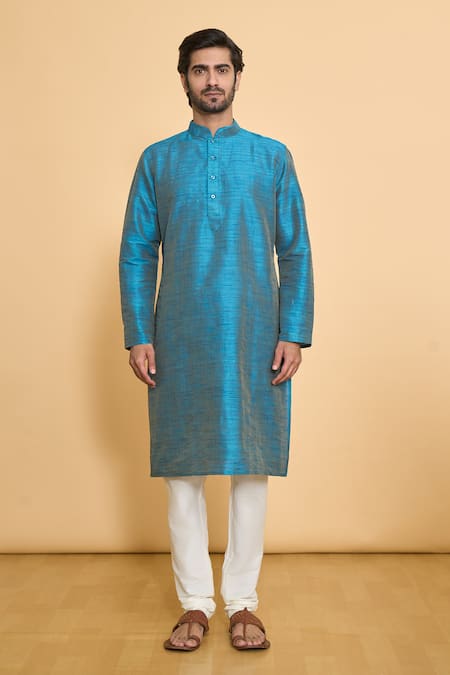 Arihant Rai Sinha_Blue Polyester Solid Full Sleeve Kurta And Churidar Set _Online_at_Aza_Fashions