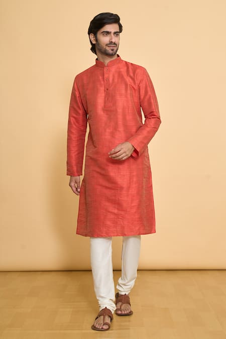 Arihant Rai Sinha Red Kurta Poly Blend Solid Mandarin Collar And Churidar Set 