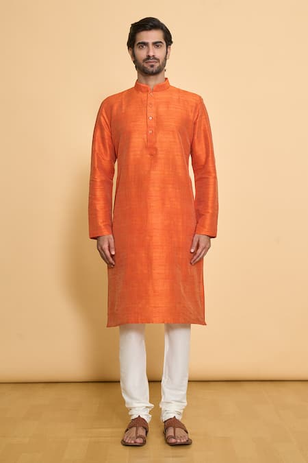 Arihant Rai Sinha_Red Polyester Mandarin Collar Solid Kurta And Churidar Set _Online_at_Aza_Fashions