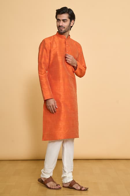 Buy_Arihant Rai Sinha_Red Polyester Mandarin Collar Solid Kurta And Churidar Set _Online_at_Aza_Fashions