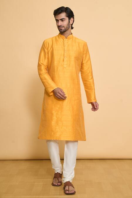 Arihant Rai Sinha_Gold Polyester Plain Kurta And Churidar Set_at_Aza_Fashions