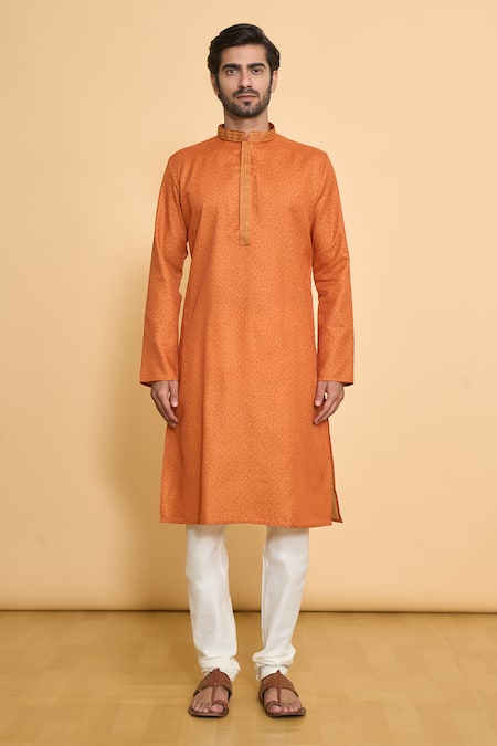 Arihant Rai Sinha_Orange Polyester, Cotton Embroidery Geometric Print Kurta And Churidar Set_Online_at_Aza_Fashions