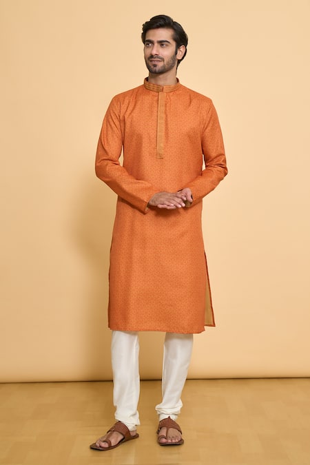 Buy_Arihant Rai Sinha_Orange Polyester, Cotton Embroidery Geometric Print Kurta And Churidar Set_Online_at_Aza_Fashions