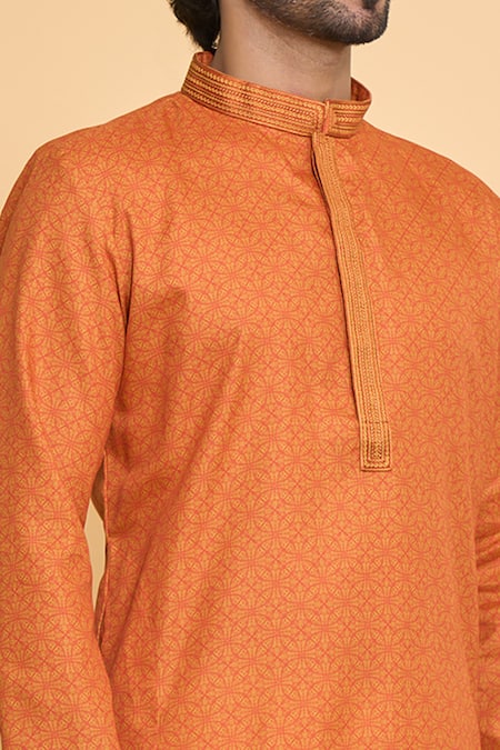 Shop_Arihant Rai Sinha_Orange Polyester, Cotton Embroidery Geometric Print Kurta And Churidar Set_Online_at_Aza_Fashions