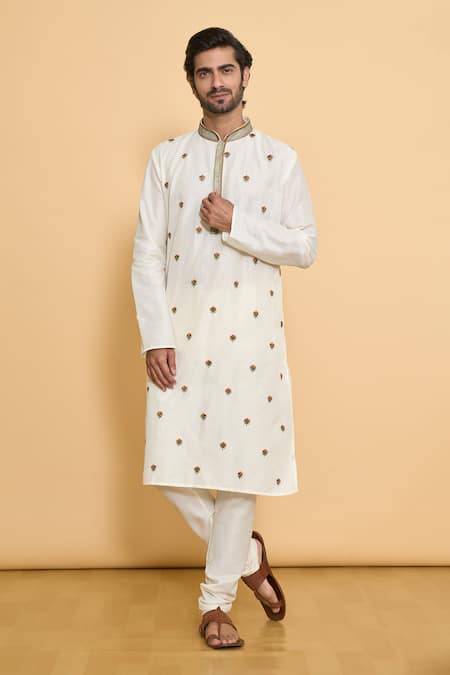 Arihant Rai Sinha Cream Kurta Slub Silk Embroidered Floral And Churidar Set 