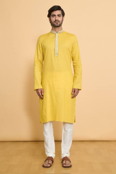 Arihant Rai Sinha_Yellow Polyester Embroidery Placket Woven Kurta And Churidar Set _Online_at_Aza_Fashions