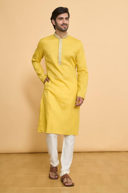 Buy_Arihant Rai Sinha_Yellow Polyester Embroidery Placket Woven Kurta And Churidar Set _Online_at_Aza_Fashions