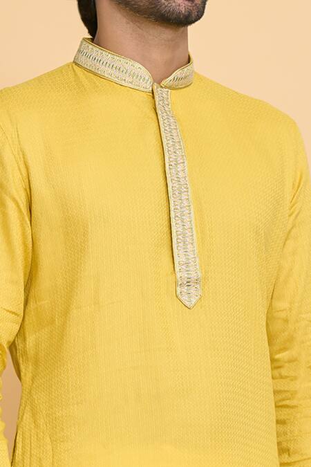 Shop_Arihant Rai Sinha_Yellow Polyester Embroidery Placket Woven Kurta And Churidar Set _Online_at_Aza_Fashions