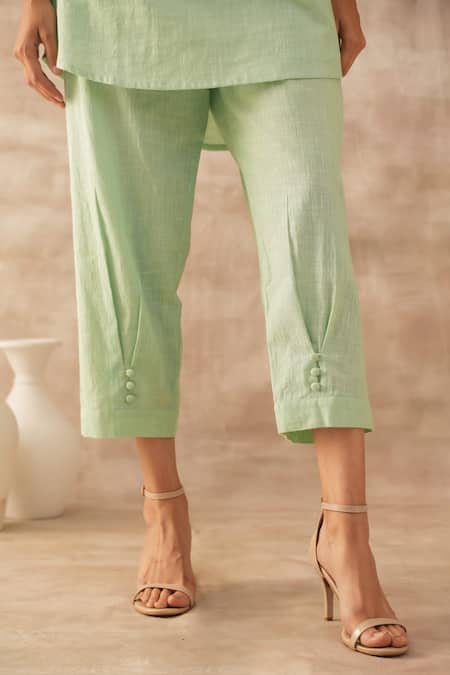 Varun Chhabra_Green Cotton Slub Embroidered Applique Crew Swarovski And Resham Tunic & Pant Set_Online_at_Aza_Fashions