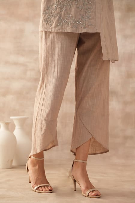 Varun Chhabra_Grey Cotton Slub Embroidered Thread Collared Short Tunic And Pant Set_Online_at_Aza_Fashions