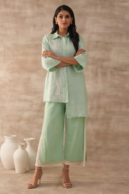 VARUN CHHABRA Green Linen Embroidered Thread Floral And Bird Motif Tunic & Pant Set 