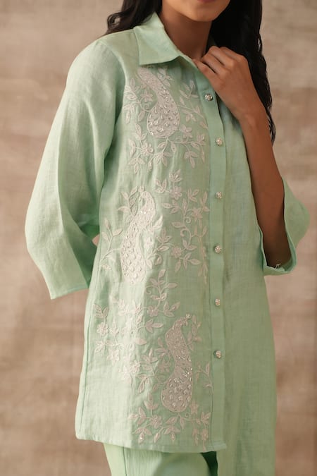 Buy_Varun Chhabra_Green Linen Embroidered Thread Collared Floral And Bird Motif Tunic & Pant Set_Online_at_Aza_Fashions