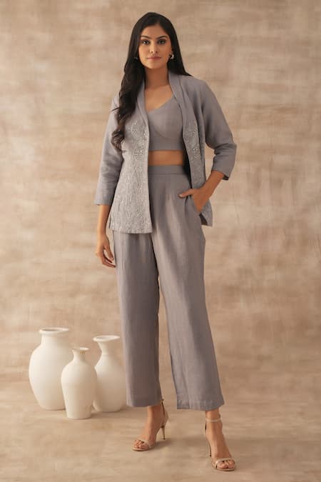 VARUN CHHABRA Grey Linen Embroidered Thread Lapel Collar Floral Blazer Pant Set 