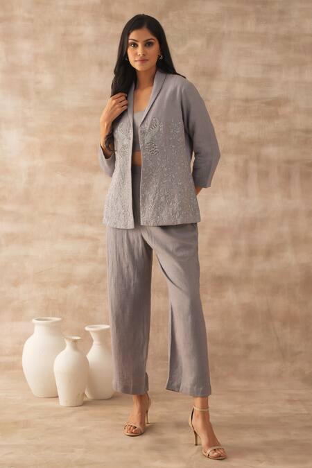 Shop Varun Chhabra Grey Linen Embroidered Thread Lapel Collar Floral Blazer Pant Set at Aza Fashions Shop_Varun Chhabra_Grey Linen Embroidered Thread Lapel Collar Floral Blazer Pant Set_at_Aza_Fashions