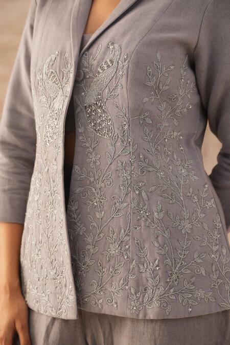 Buy Varun Chhabra Grey Linen Embroidered Thread Lapel Collar Floral Blazer Pant Set Online at Aza Fashions Buy_Varun Chhabra_Grey Linen Embroidered Thread Lapel Collar Floral Blazer Pant Set_Online_at_Aza_Fashions