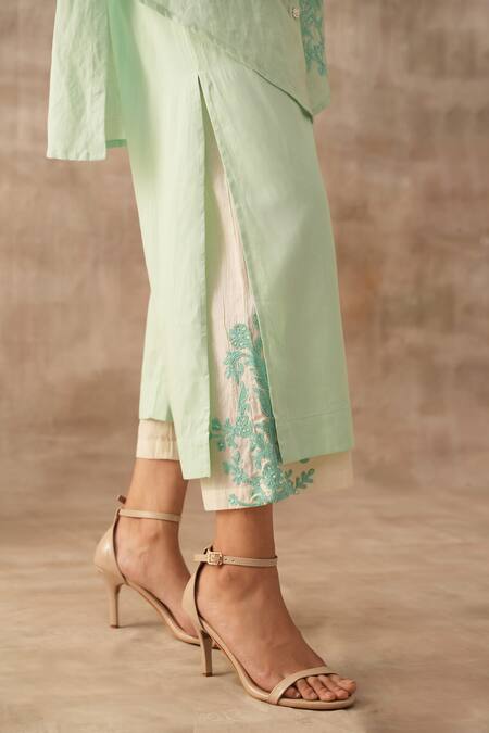 Varun Chhabra_Green Linen Embroidered Thread Band Collar Floral Dori Work Tunic And Pant Set_Online_at_Aza_Fashions