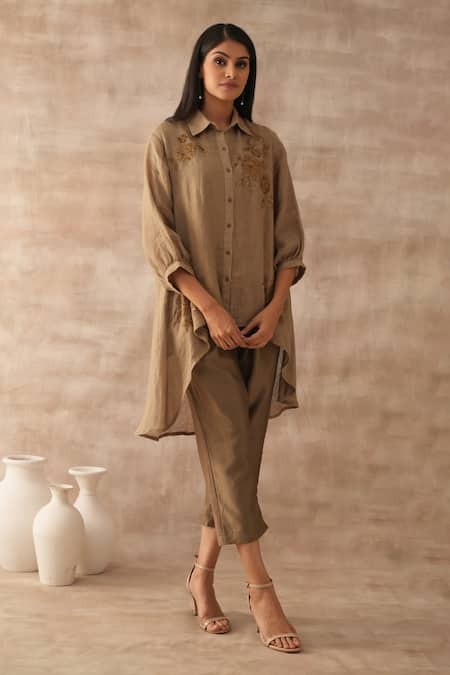 VARUN CHHABRA Gold Tunic Linen Embroidered Thread Collared Asymmetric And Pant Set 