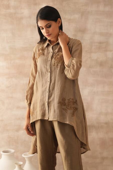 Shop Varun Chhabra Gold Tunic Linen Embroidered Thread Collared Asymmetric And Pant Set at Aza Fashions Shop_Varun Chhabra_Gold Tunic Linen Embroidered Thread Collared Asymmetric And Pant Set_at_Aza_Fashions