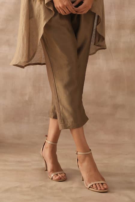 Varun Chhabra Gold Tunic Linen Embroidered Thread Collared Asymmetric And Pant Set Online at Aza Fashions Varun Chhabra_Gold Tunic Linen Embroidered Thread Collared Asymmetric And Pant Set_Online_at_Aza_Fashions