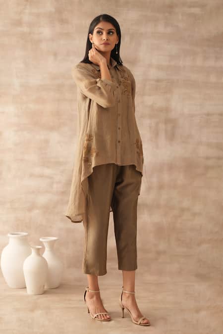 Buy Varun Chhabra Gold Tunic Linen Embroidered Thread Collared Asymmetric And Pant Set Online at Aza Fashions Buy_Varun Chhabra_Gold Tunic Linen Embroidered Thread Collared Asymmetric And Pant Set_Online_at_Aza_Fashions
