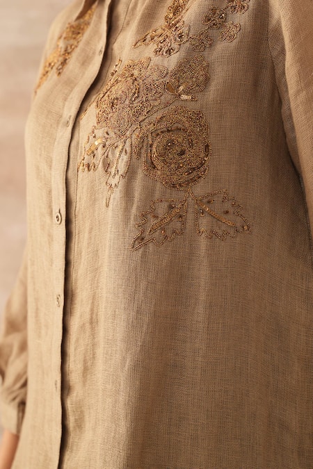 Shop Varun Chhabra Gold Tunic Linen Embroidered Thread Collared Asymmetric And Pant Set Online at Aza Fashions Shop_Varun Chhabra_Gold Tunic Linen Embroidered Thread Collared Asymmetric And Pant Set_Online_at_Aza_Fashions