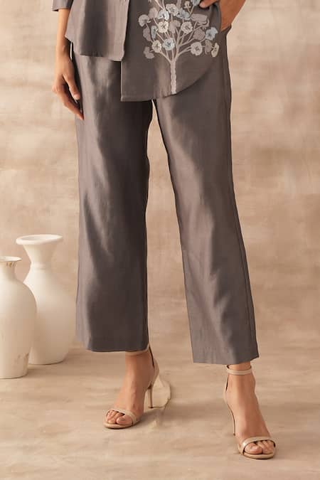 Varun Chhabra Grey Chanderi Embroidered Thread Lapel Collar Asymmetric Tunic And Pant Set Online at Aza Fashions Varun Chhabra_Grey Chanderi Embroidered Thread Lapel Collar Asymmetric Tunic And Pant Set_Online_at_Aza_Fashions