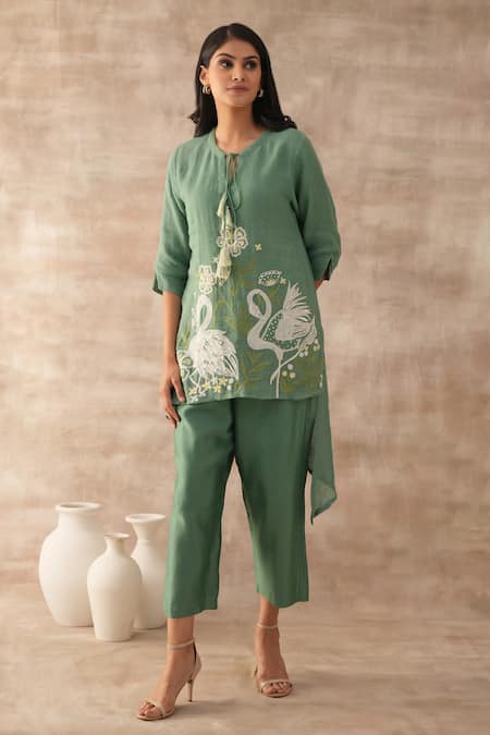 VARUN CHHABRA Bird Motif Aari Embroidered Tunic & Pant Set 