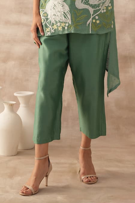 Varun Chhabra Green Tunic Linen Embroidered Aari Round Bird Motif And Pant Set Online at Aza Fashions Varun Chhabra_Green Tunic Linen Embroidered Aari Round Bird Motif And Pant Set_Online_at_Aza_Fashions