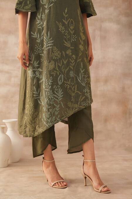 Varun Chhabra_Green Linen Embroidery Round Neck Floral Dori Tunic And Pant Set_Online_at_Aza_Fashions
