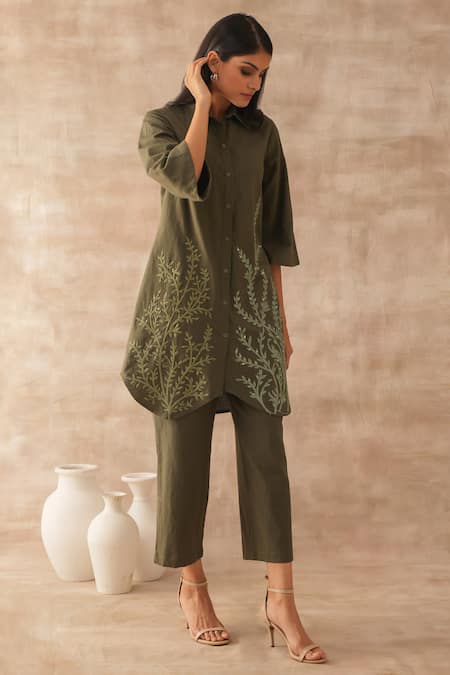 Shop Varun Chhabra Green Cotton Embroidery Collared Shirt Tunic And Pant Set at Aza Fashions Shop_Varun Chhabra_Green Cotton Embroidery Collared Shirt Tunic And Pant Set_at_Aza_Fashions