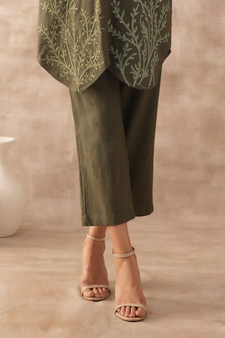 Varun Chhabra Green Cotton Embroidery Collared Shirt Tunic And Pant Set Online at Aza Fashions Varun Chhabra_Green Cotton Embroidery Collared Shirt Tunic And Pant Set_Online_at_Aza_Fashions