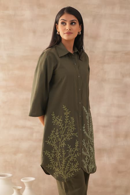 Buy Varun Chhabra Green Cotton Embroidery Collared Shirt Tunic And Pant Set Online at Aza Fashions Buy_Varun Chhabra_Green Cotton Embroidery Collared Shirt Tunic And Pant Set_Online_at_Aza_Fashions