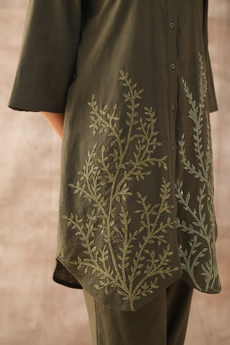Shop Varun Chhabra Green Cotton Embroidery Collared Shirt Tunic And Pant Set Online at Aza Fashions Shop_Varun Chhabra_Green Cotton Embroidery Collared Shirt Tunic And Pant Set_Online_at_Aza_Fashions