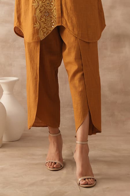 Varun Chhabra_Orange Cotton Slub Embroidered Dori Round Floral Tunic And Pant Set_Online_at_Aza_Fashions