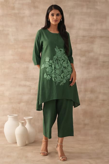 VARUN CHHABRA Green Cotton Slub Embroidered Dori Round Asymmetric Tunic And Pant Set 