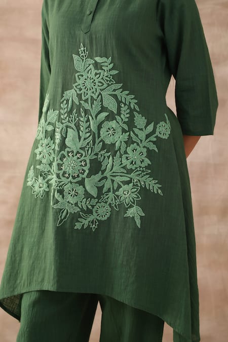 Shop Varun Chhabra Green Cotton Slub Embroidered Dori Round Asymmetric Tunic And Pant Set at Aza Fashions Shop_Varun Chhabra_Green Cotton Slub Embroidered Dori Round Asymmetric Tunic And Pant Set_at_Aza_Fashions